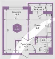 1-комнатная квартира (39.2 кв.м.)