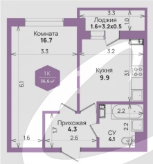 1-комнатная квартира (39.2 кв.м.)